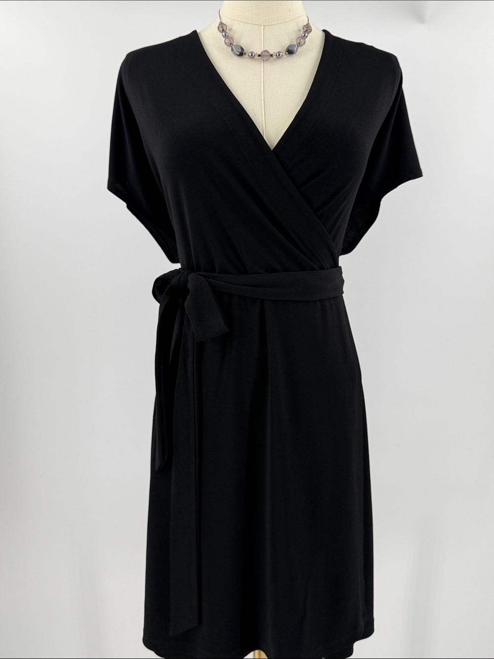 Nine West Black Wrap-Front Midi Dress with Tie Waist